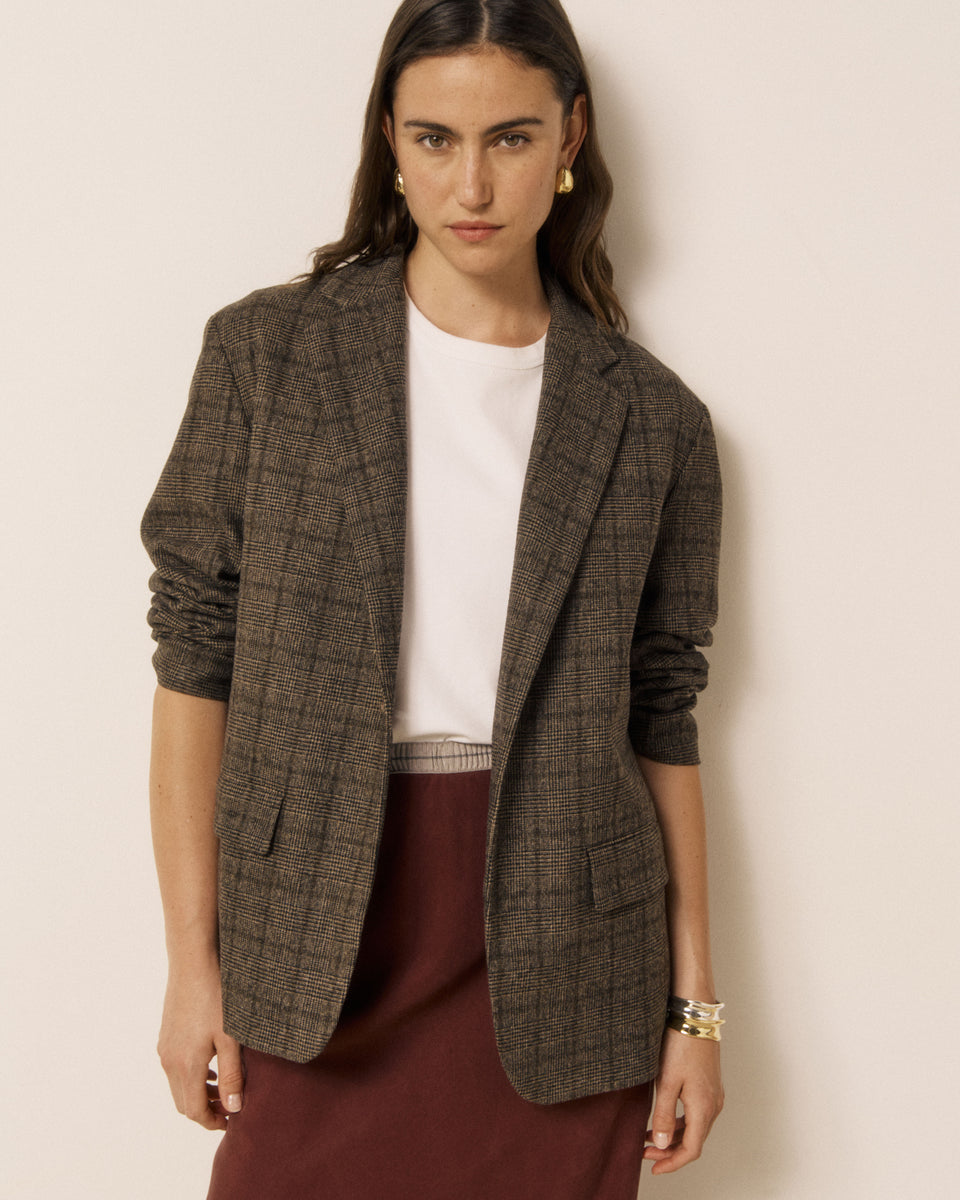 Veste Femme en Laine imprimé Princes de Galles Marron Victo - Image principale