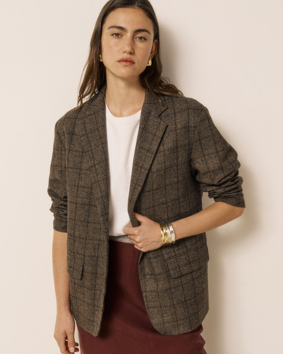 Veste Femme en Laine imprimé Princes de Galles Marron Victo - Image 3