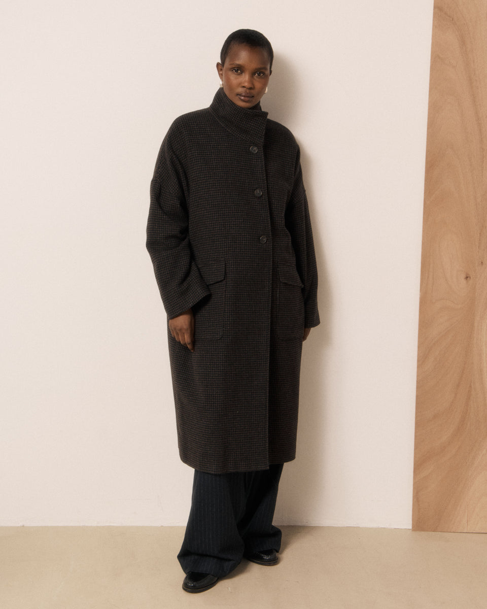 Manteau Femme en Tweed Imprimé Pied-de-poule Marron & Noir Vito - Image 3