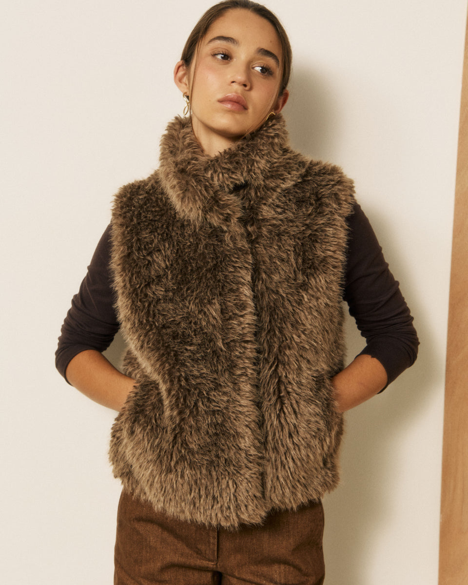 Gilet Femme en Fausse fourrure à poils longs Marron Verso - Image 2