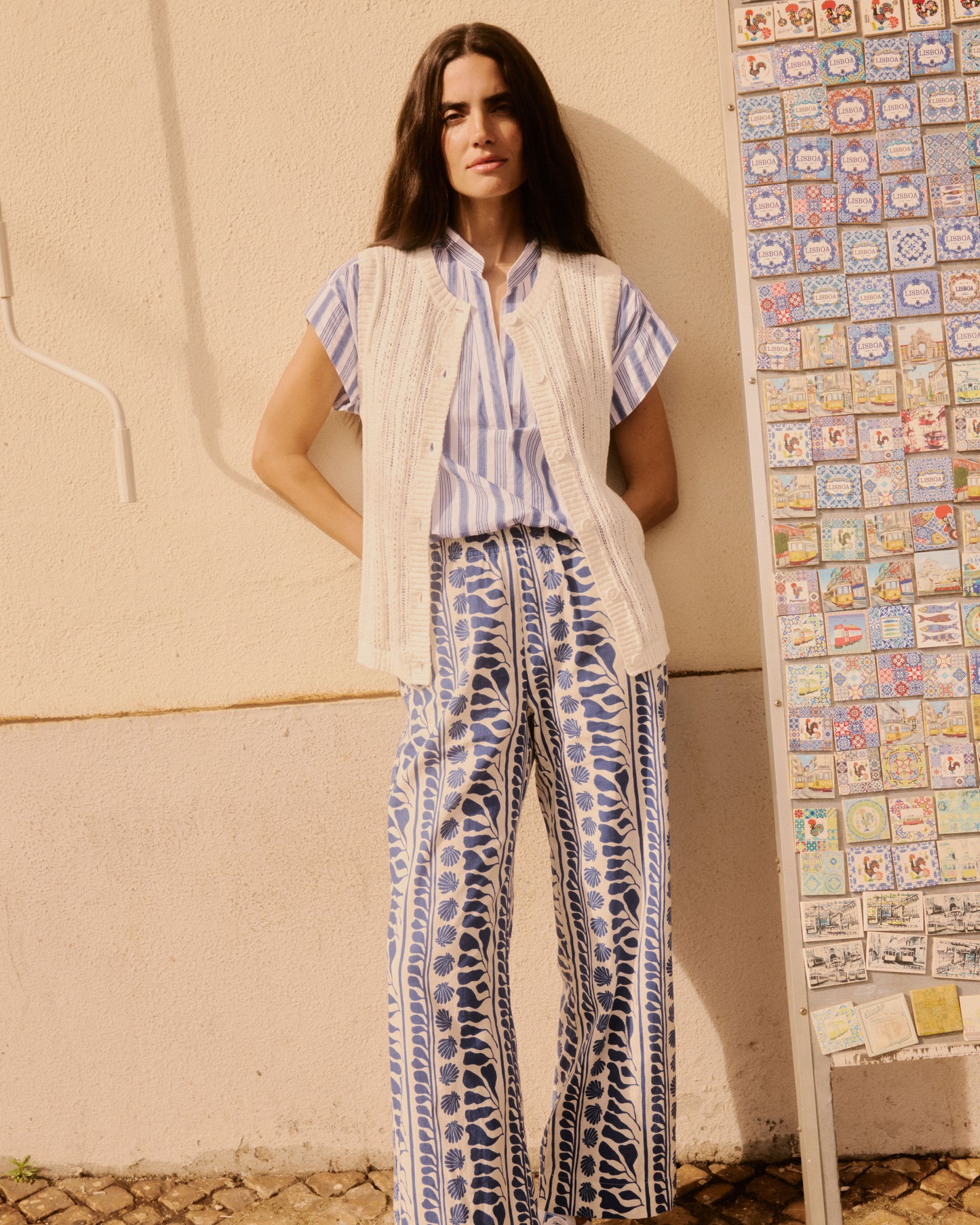 Palerme Women's Blue Shell Printed Linen & Cotton Pants