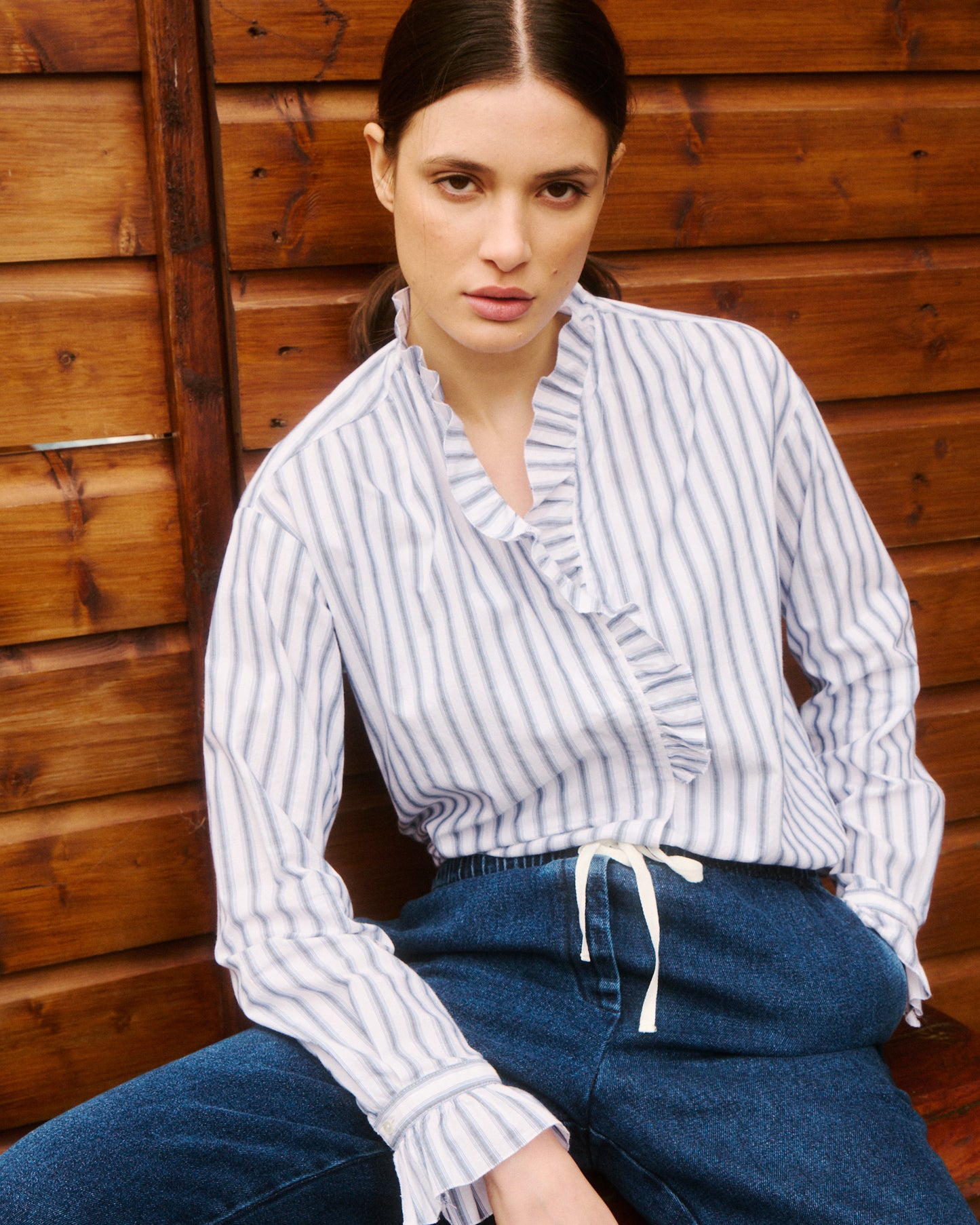 Carmela Women's White & Blue Striped Cotton Poplin Shirt