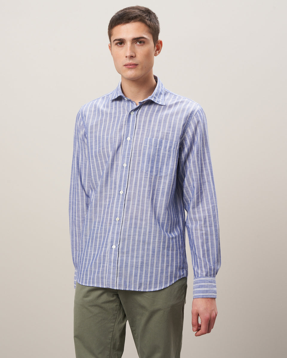 Paul Men's Blue & White Striped Linen-Cotton Voile Shirt - Image principale