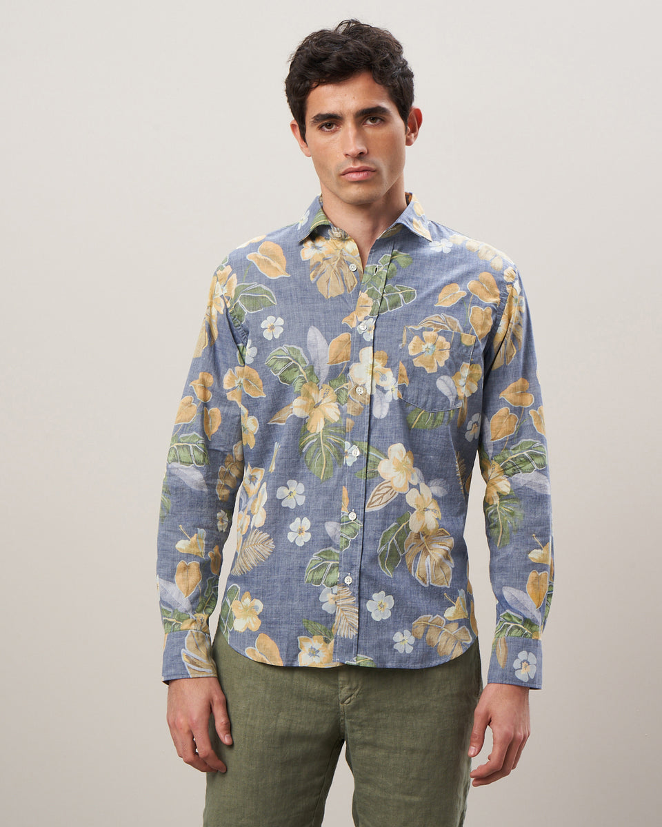 Paul Men's Blue Hawaii Print Cotton Shirt - Image principale