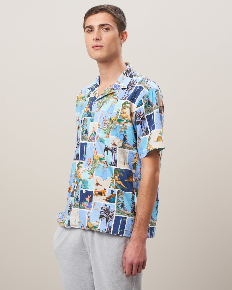 Palm Men's Blue Tahiti Print Seersucker Shirt - Image principale
