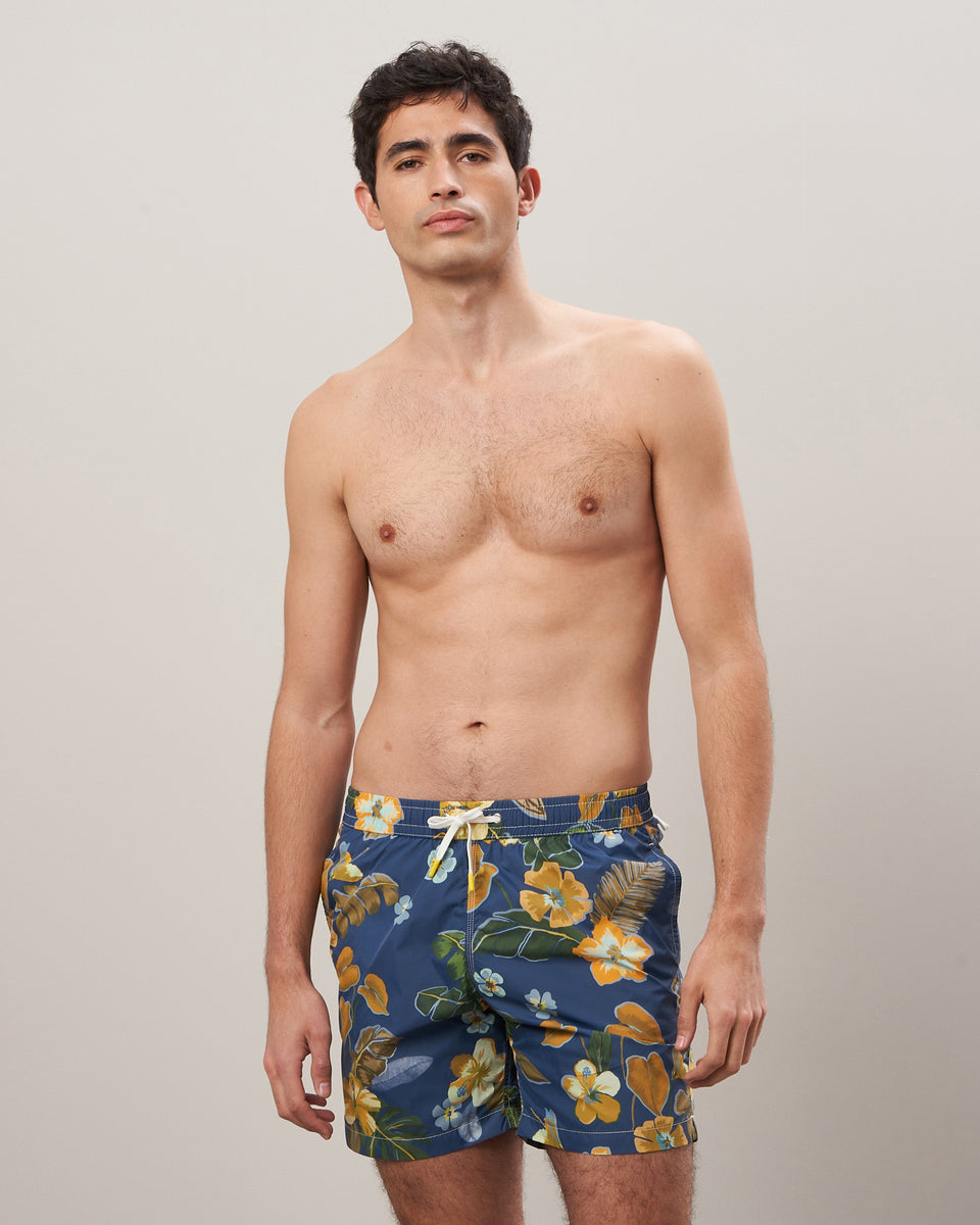 Men's Navy Hibiscus Print Recycled Nylon Swim Trunks - Image principale