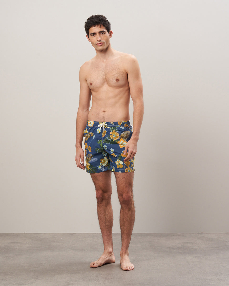 Men's Navy Hibiscus Print Recycled Nylon Swim Trunks - Image alternative