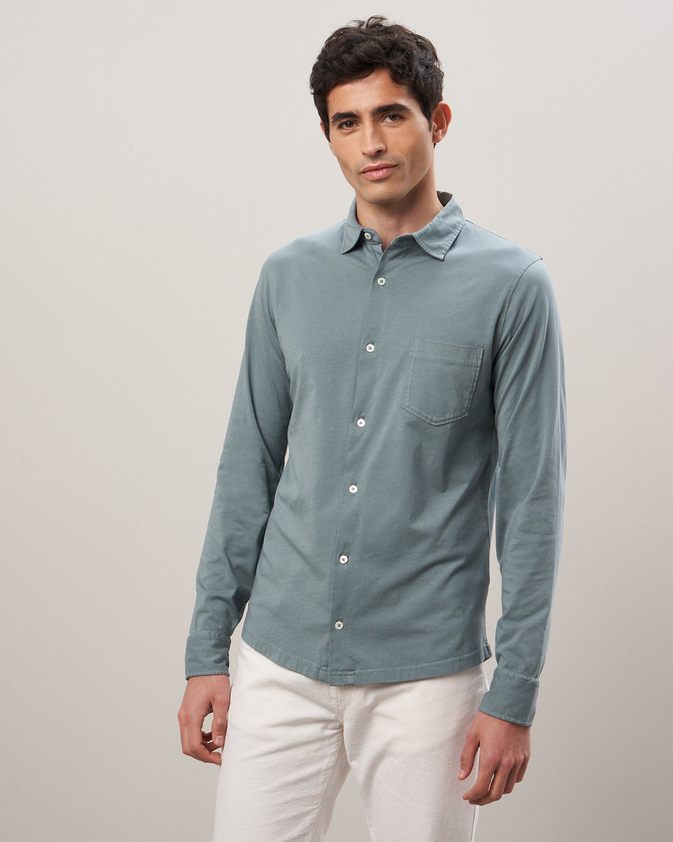 Men's Olive Green Cotton Jersey Shirt - Image principale