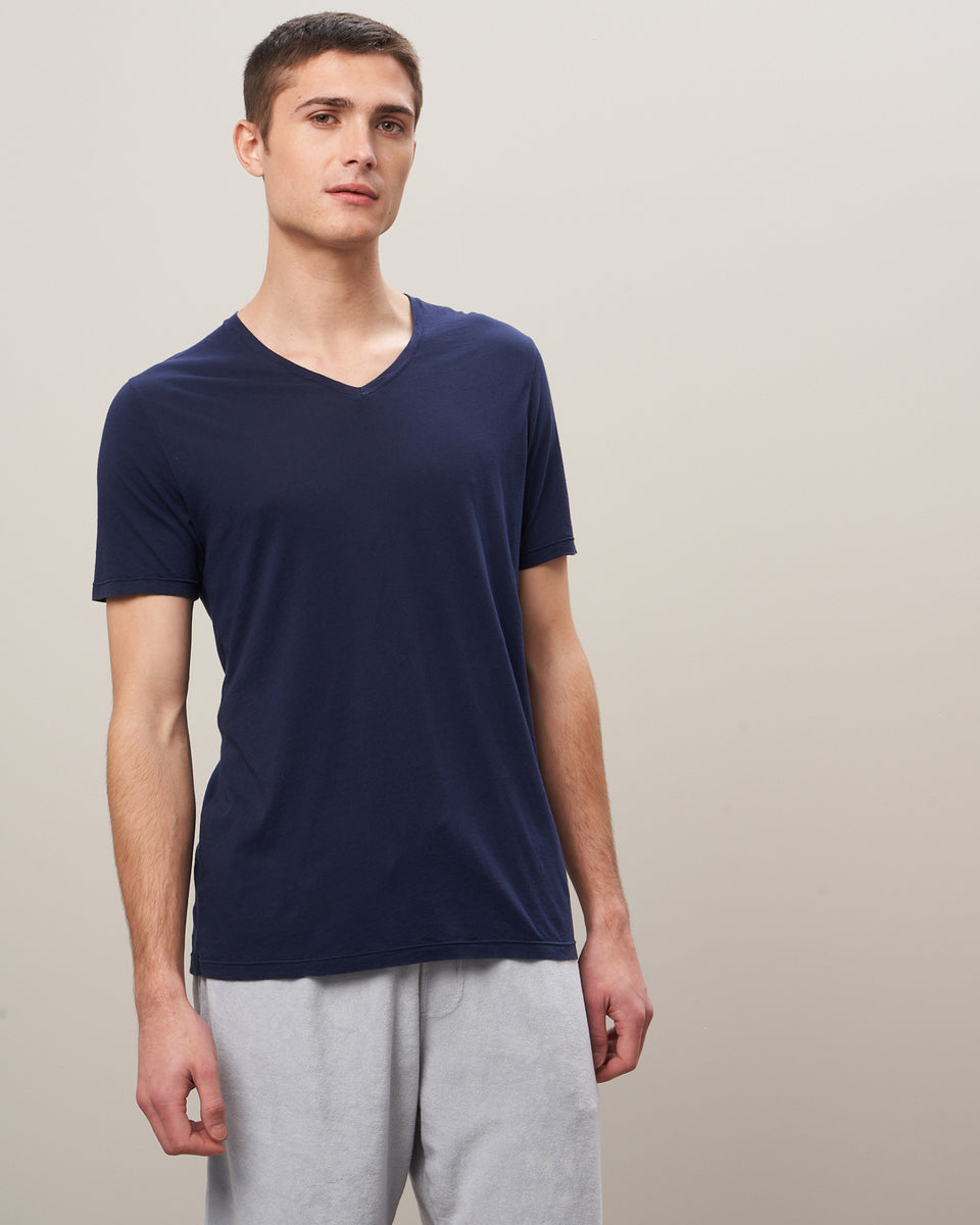 Men's Navy V-Neck Light Jersey Tee Shirt - Image principale