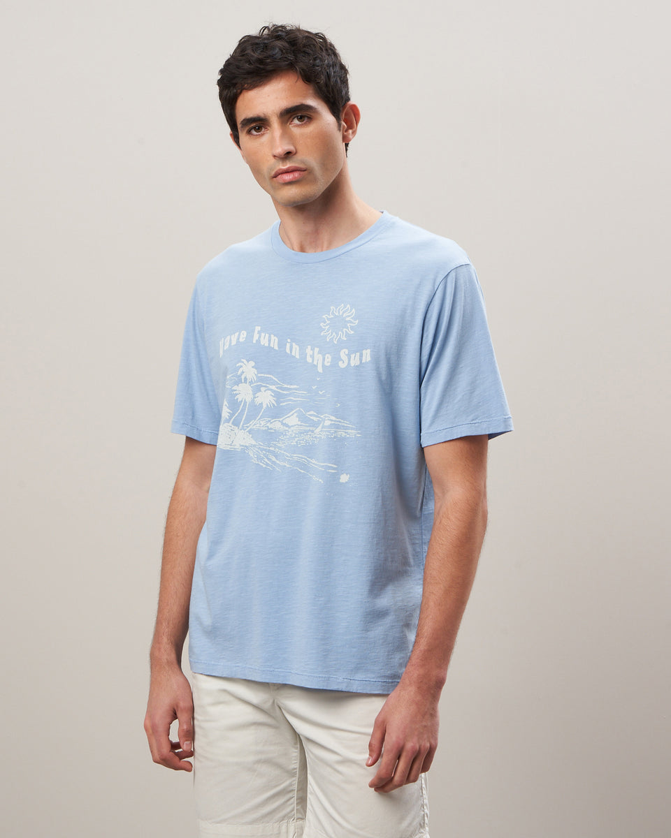 Men's Light Blue Cotton Slub Fun Sun Print Tee Shirt - Image principale