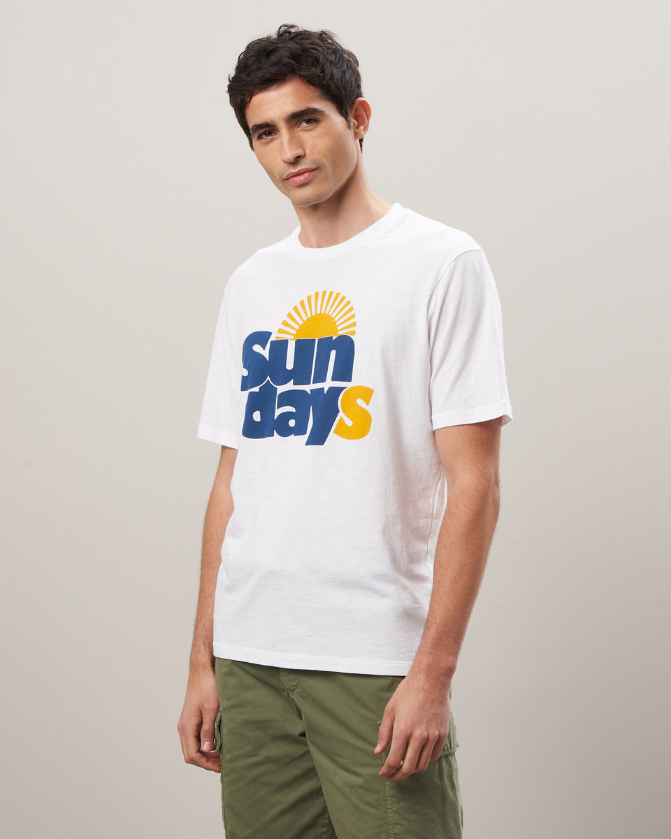 Men's White Cotton Slub Sundays Print Tee Shirt - Image principale