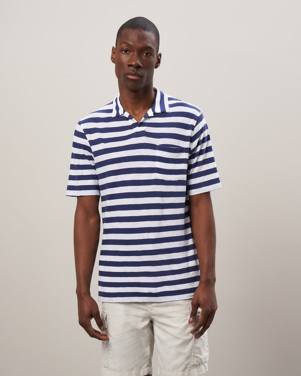 Men's Blue & White Striped Cotton Slub Polo - Image principale