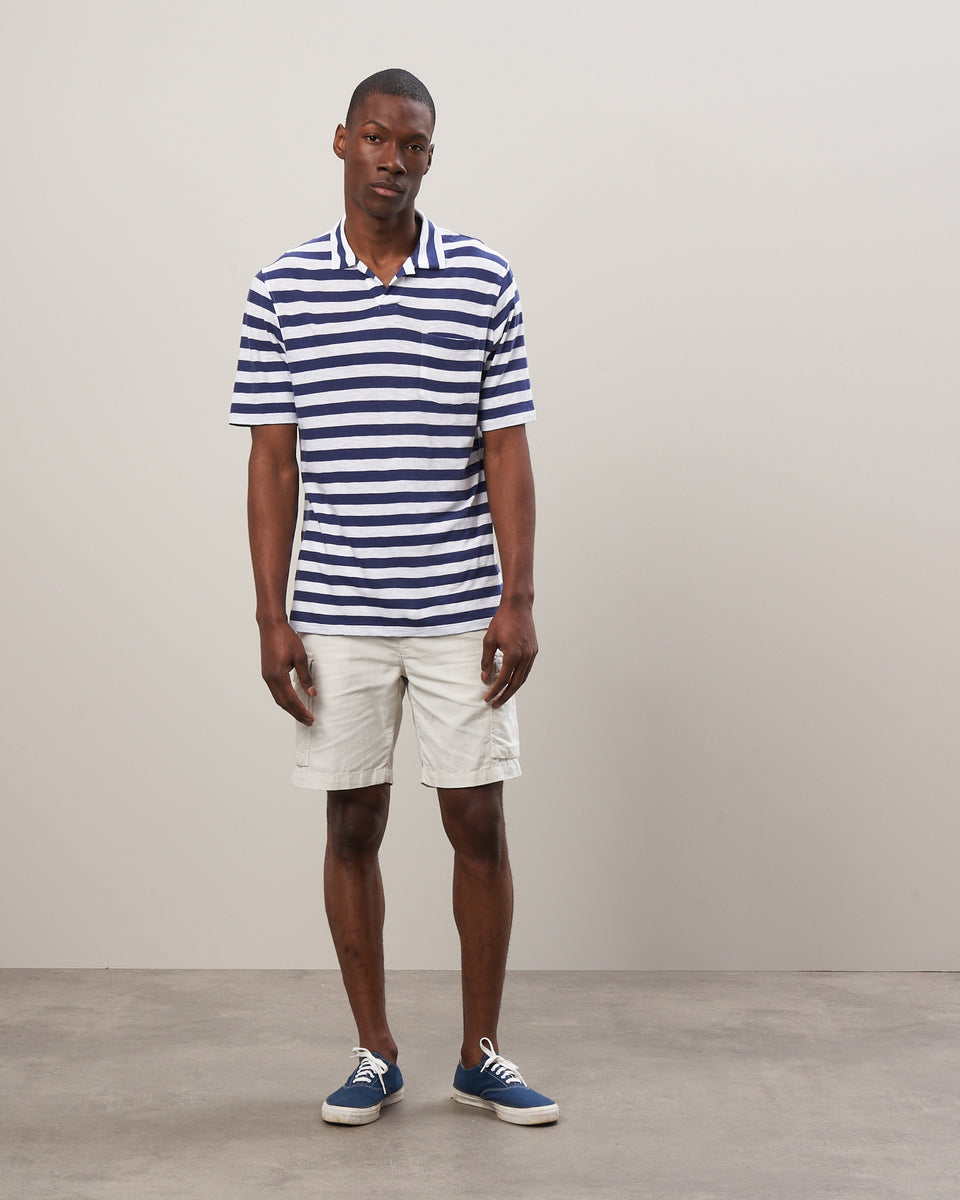 Men's Blue & White Striped Cotton Slub Polo - Image alternative