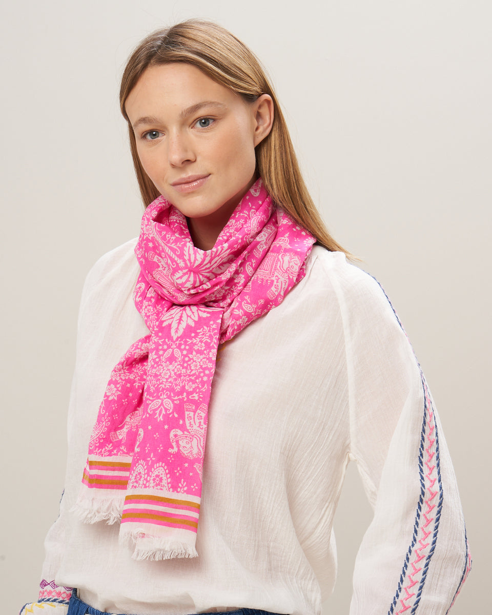 Women's Pink Elephants Printed Cotton Voile Scarf - Image principale