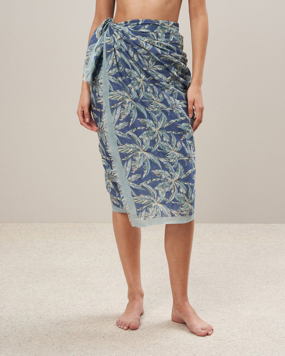 Women's Blue Palms Printed Cotton Voile Sarong - Image alternative