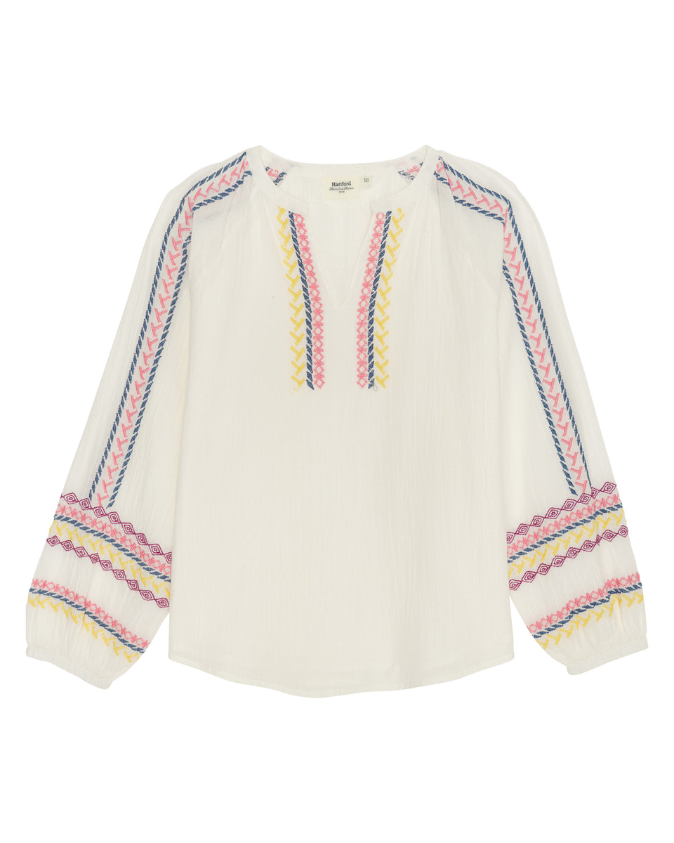 Hirman Girls' Off-white & Multicolor Embroidered Cotton Top - Image principale