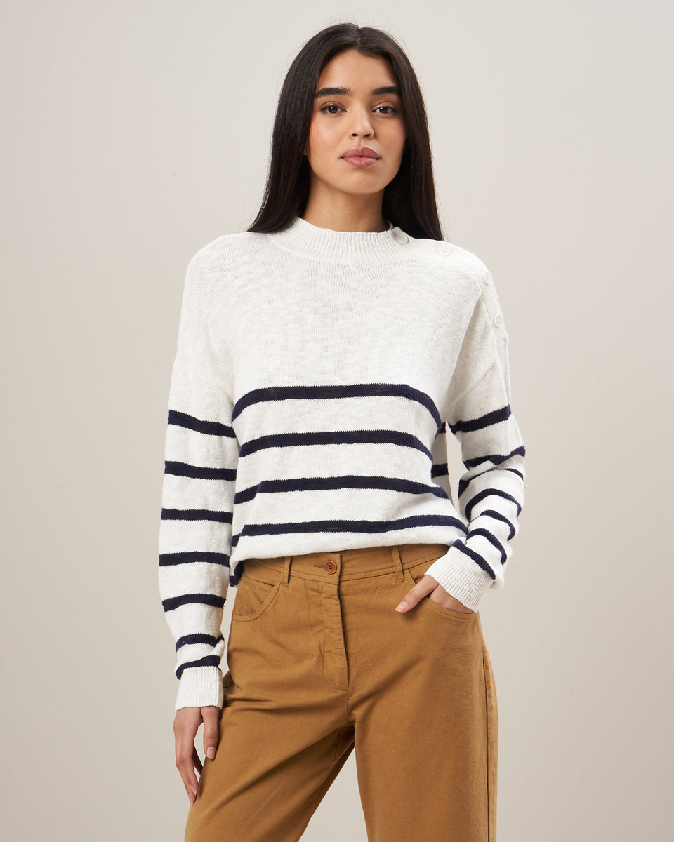 Murray Women's Ecru & Navy Slub Cotton Sweater - Image principale