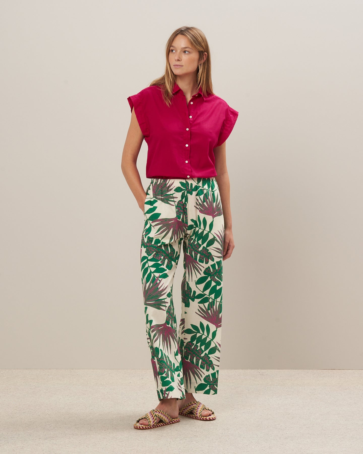 Pantalon Femme en lin et coton imprimé Vert Palerme BBPC625-02