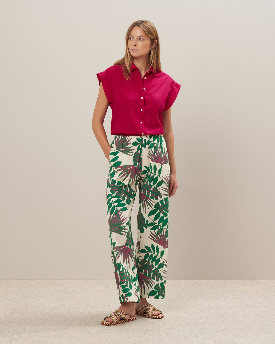 Pantalon Femme en lin et coton imprimé Vert Palerme - Image principale