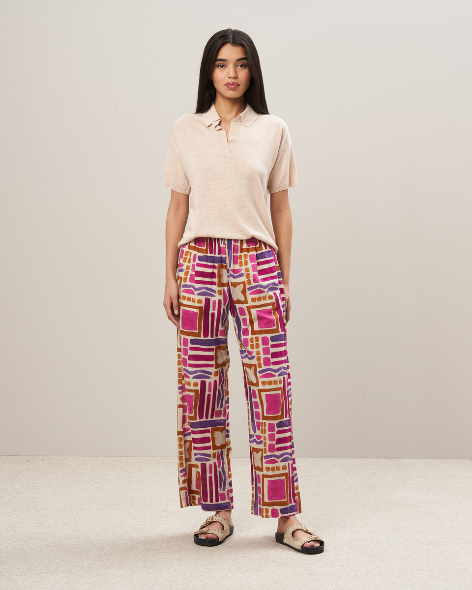 Pantalon Femme en coton imprimé géométrique Rose Palerme - Image principale
