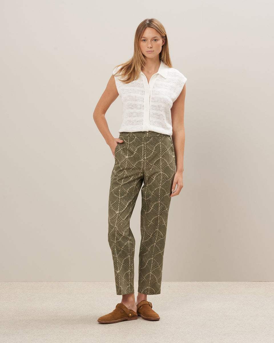 Pantalon Femme en coton imprimé feuilles Vert militaire Pili - Image principale