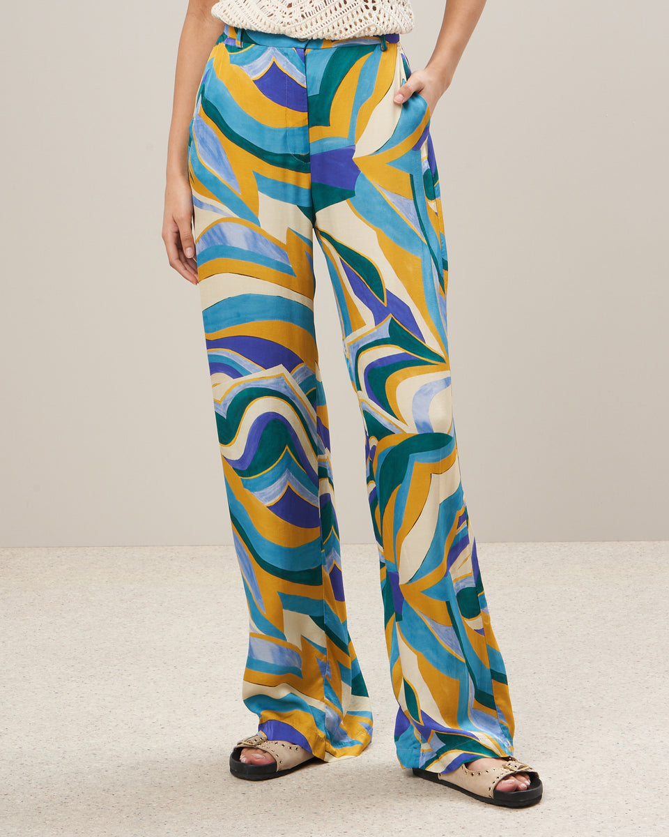 Positano Women's Yellow & Blue Printed Viscose Satin Pants - Image alternative