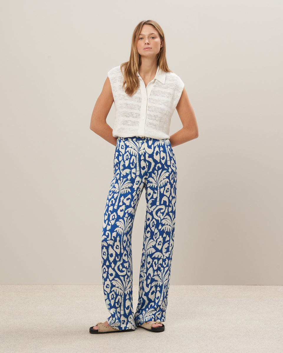 Positano Women's Blue Printed Viscose Satin Pants - Image principale
