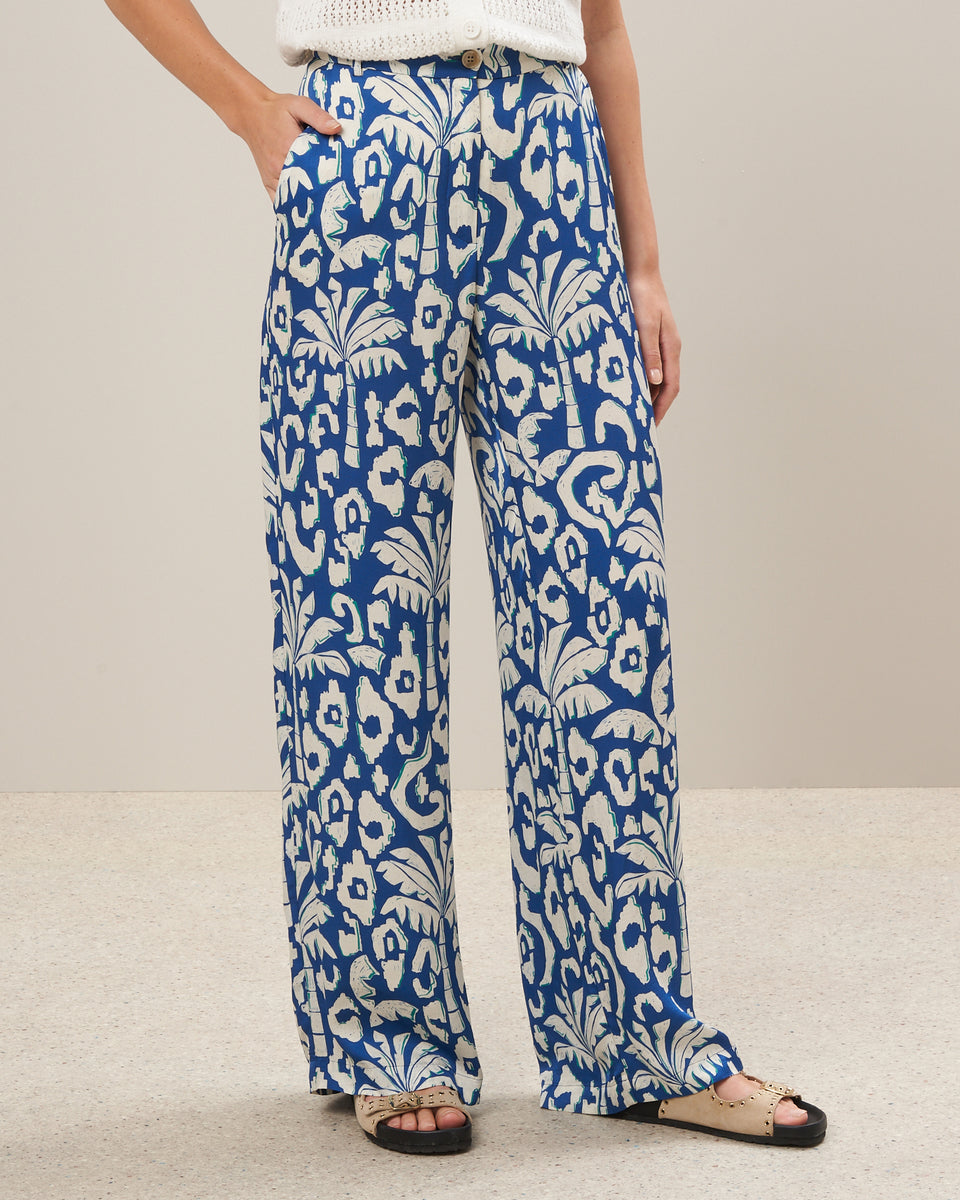 Positano Women's Blue Printed Viscose Satin Pants - Image alternative