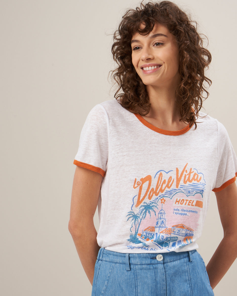 Tee Shirt Femme en lin imprimé Blanc & Orange Temmy - Image principale