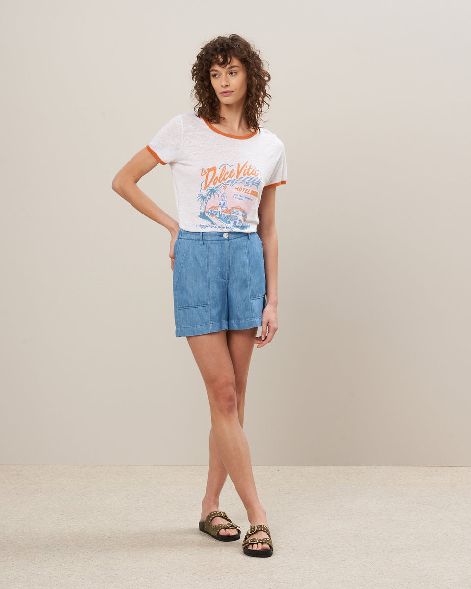 Tee Shirt Femme en lin imprimé Blanc & Orange Temmy - Image alternative