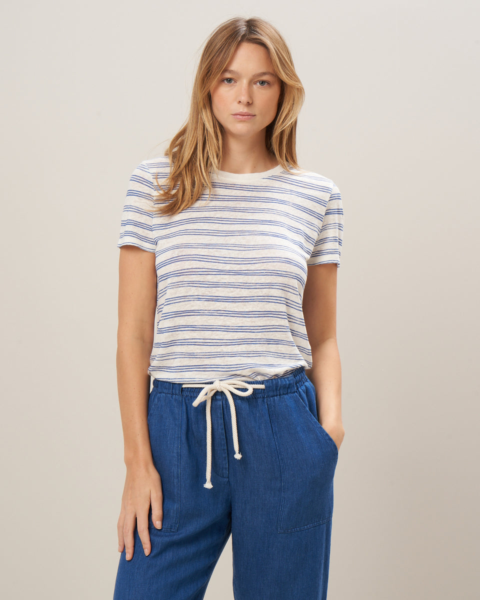 Women's Striped Linen Tee Shirt off-white & Blue Temlane - Image principale