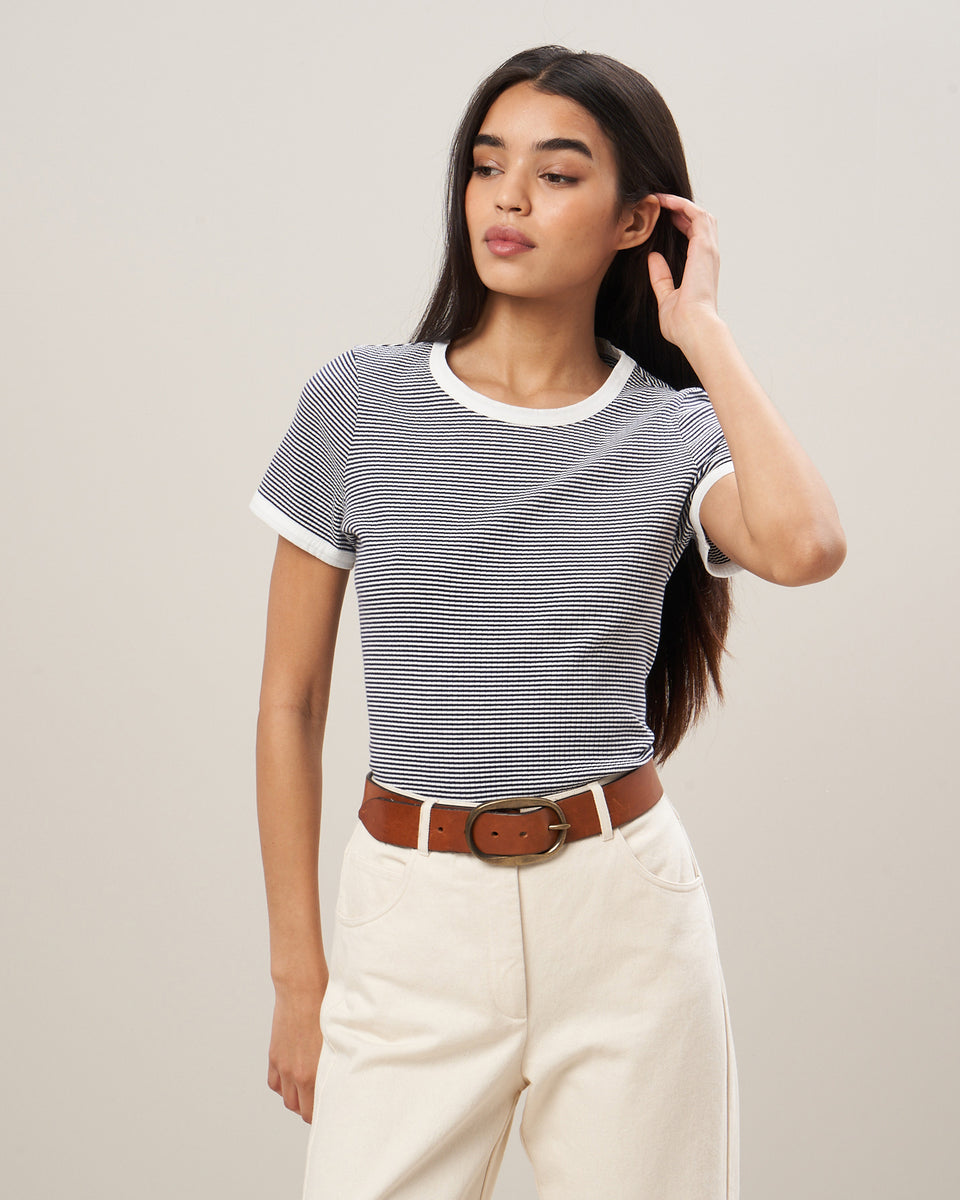Teina Women's Off-White & Navy Striped Ribbed Cotton Tee Shirt - Image principale