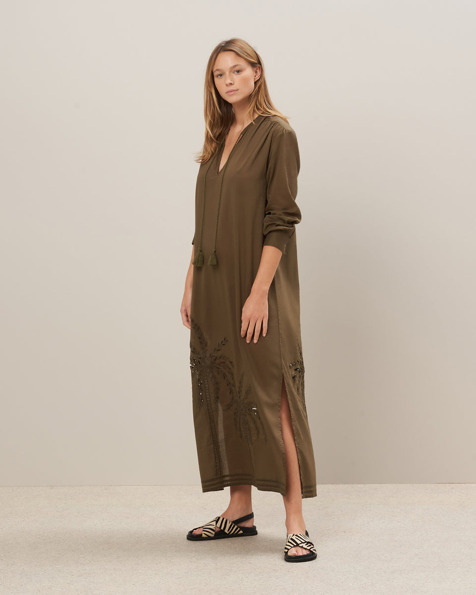 Rosario Women's Embroidered Army Green Cotton Voile Dress - Image principale