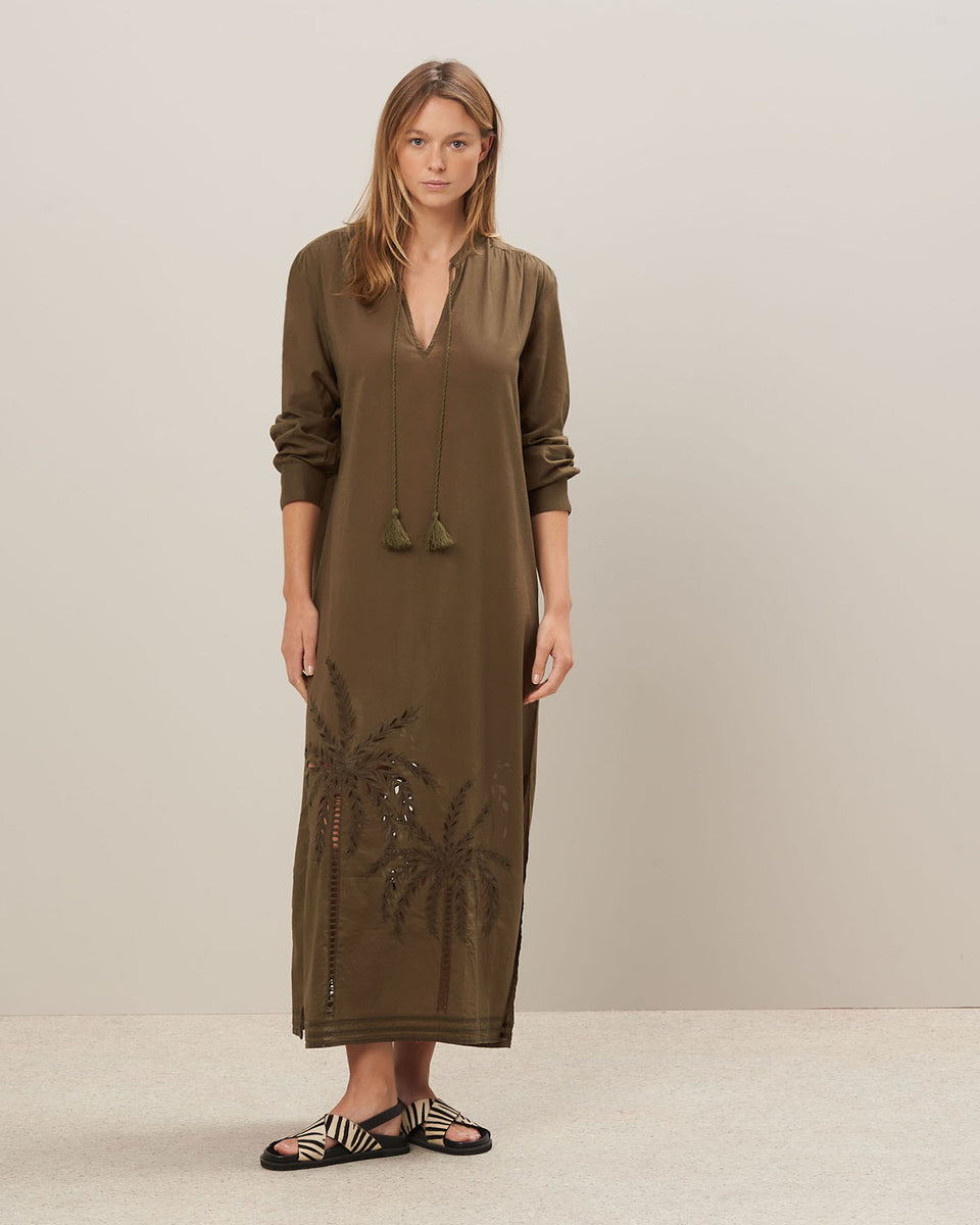 Rosario Women's Embroidered Army Green Cotton Voile Dress - Image alternative