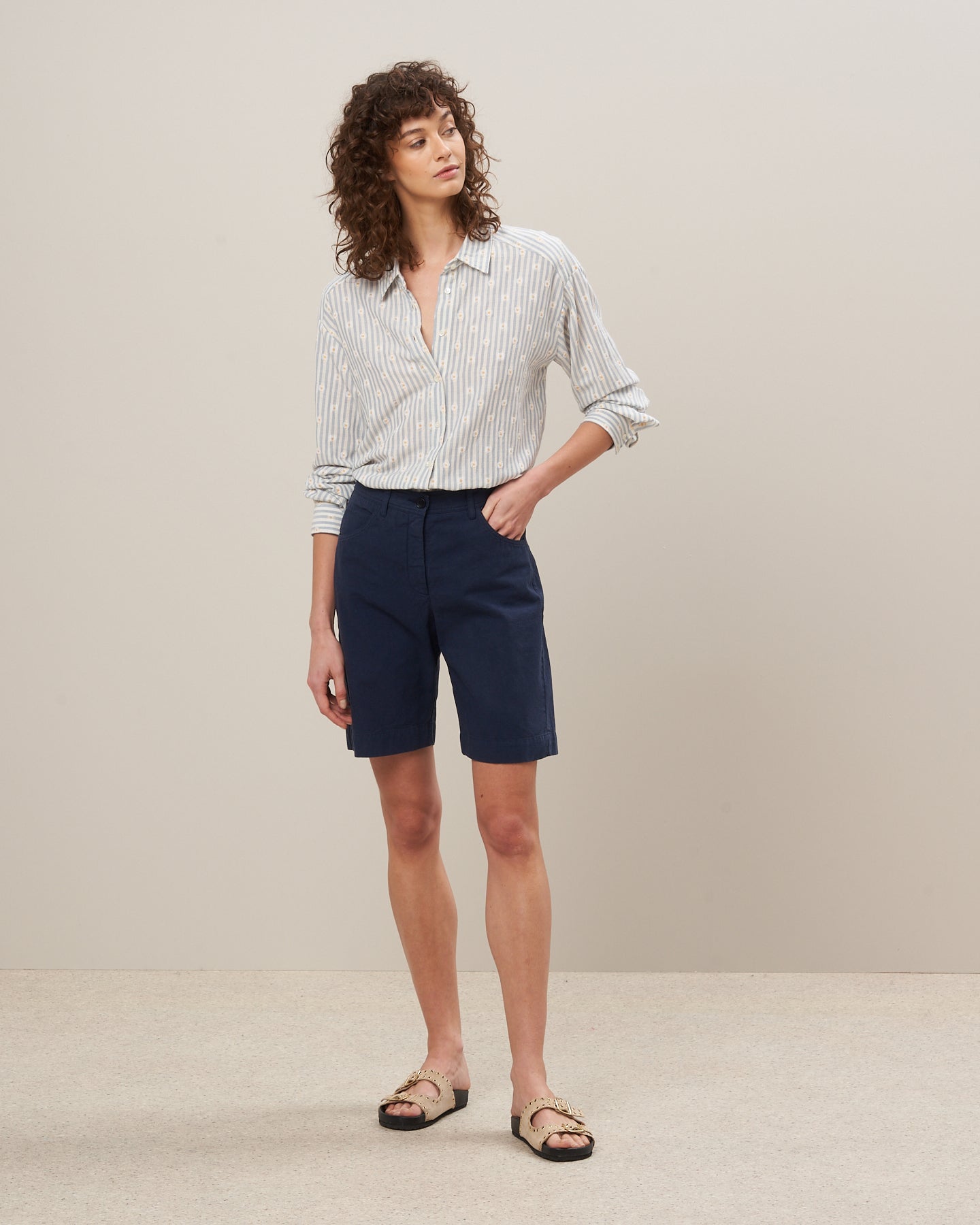 Short Femme en coton et lin Bleu marine Stairway BBSH601-33