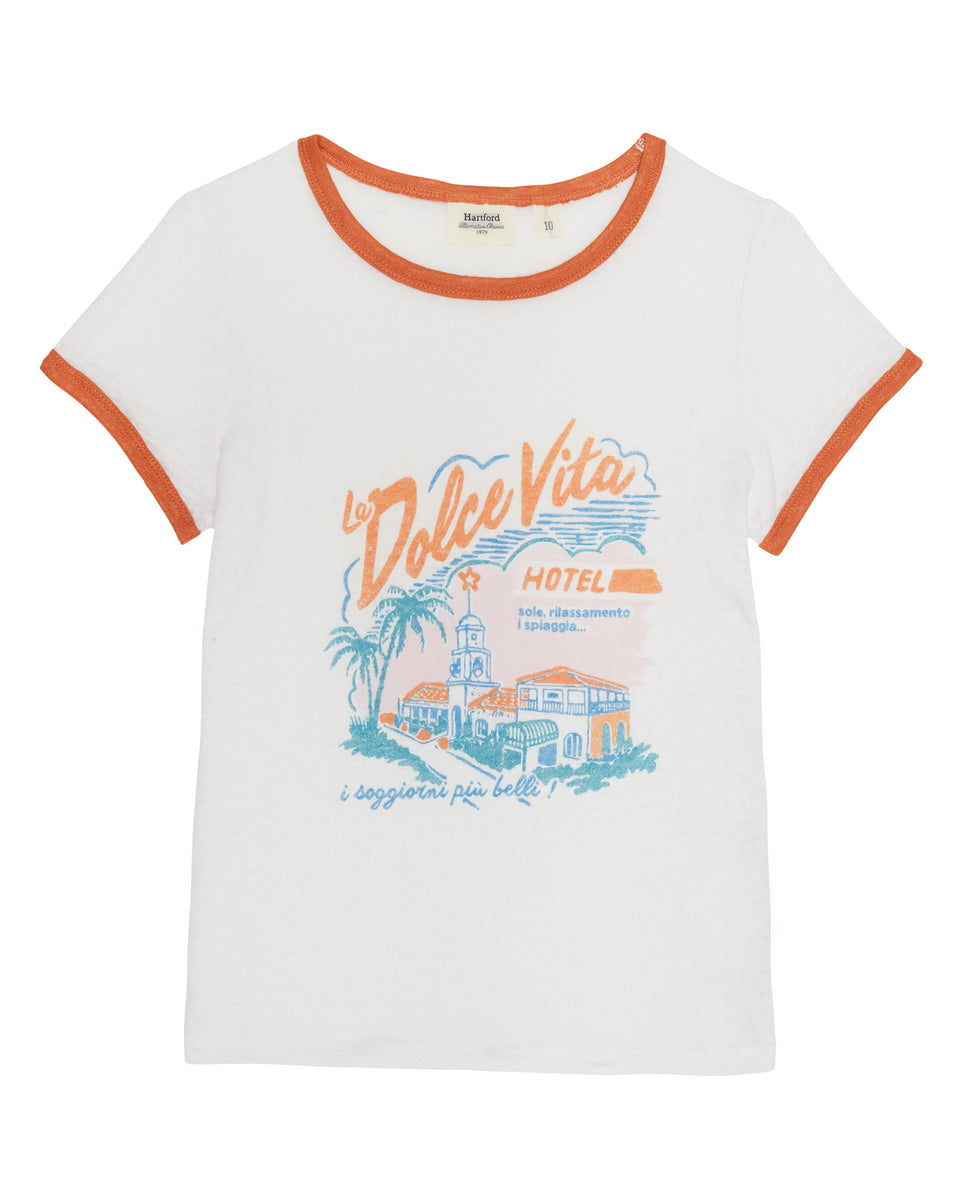 Temmy Girls' Off-White & Orange Linen T-Shirt - Image principale