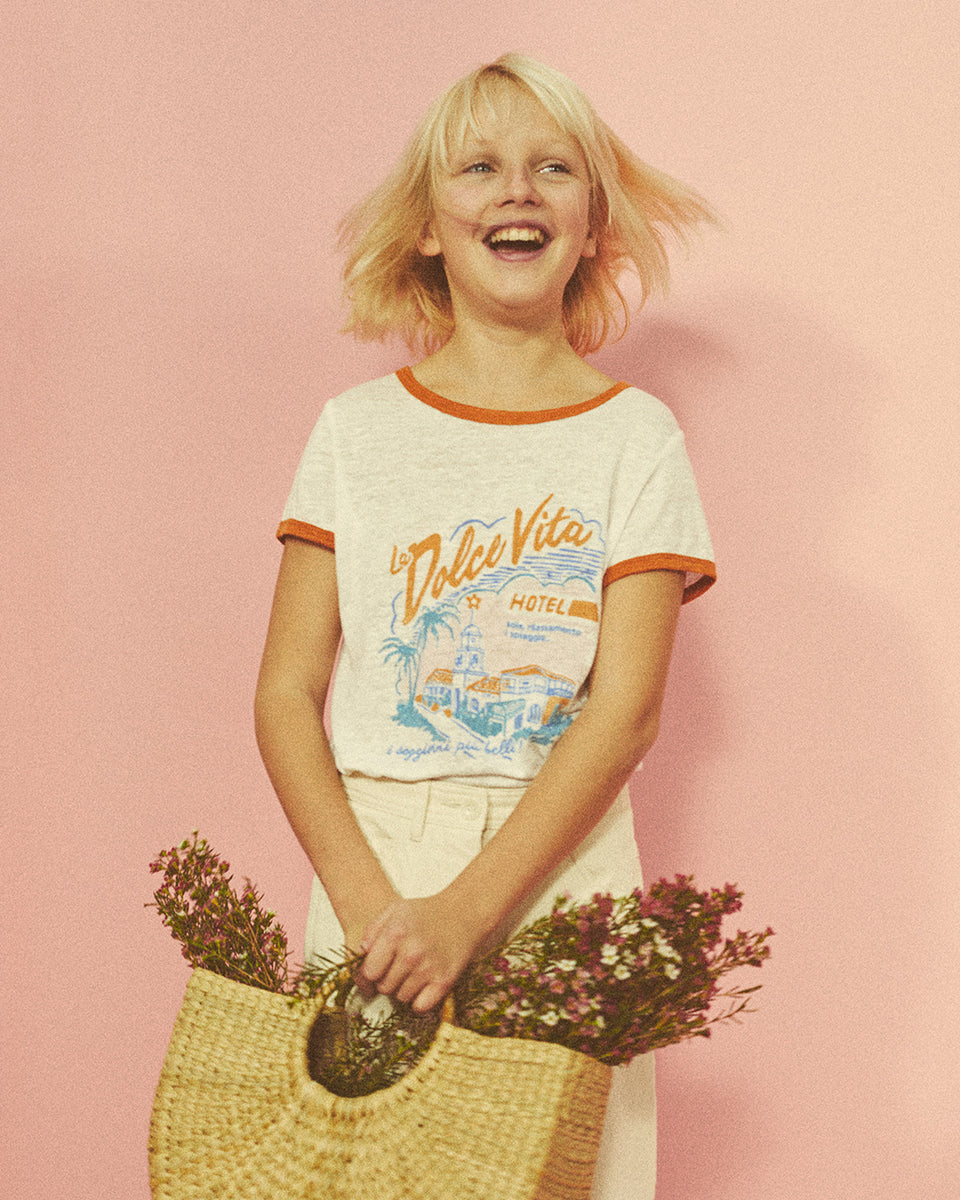Temmy Girls' Off-White & Orange Linen T-Shirt - Image alternative