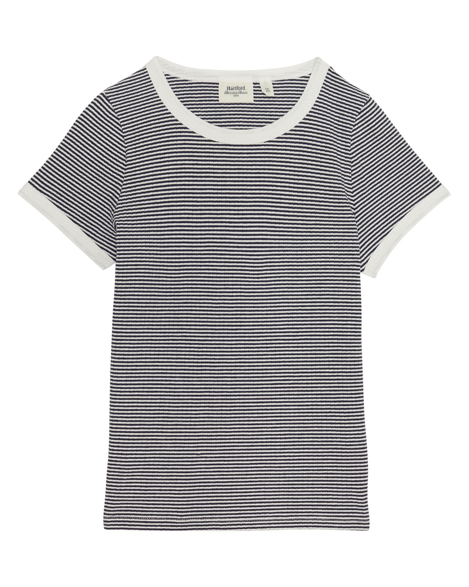 Tee Shirt Fille en coton côtelé rayé Ecru & Marine Teina - Image principale
