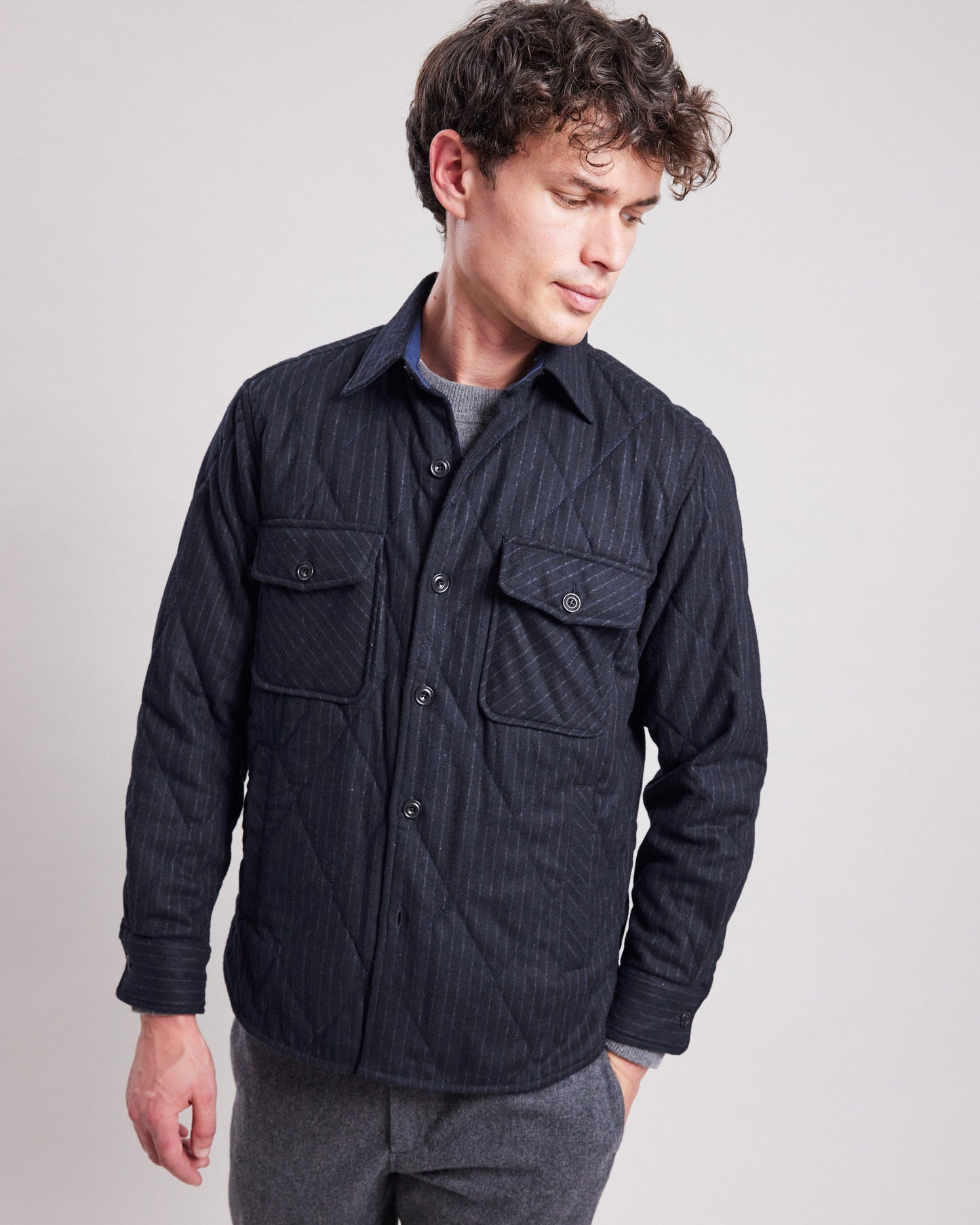 Peter Men's Navy Blue striped wool flannel Shirt