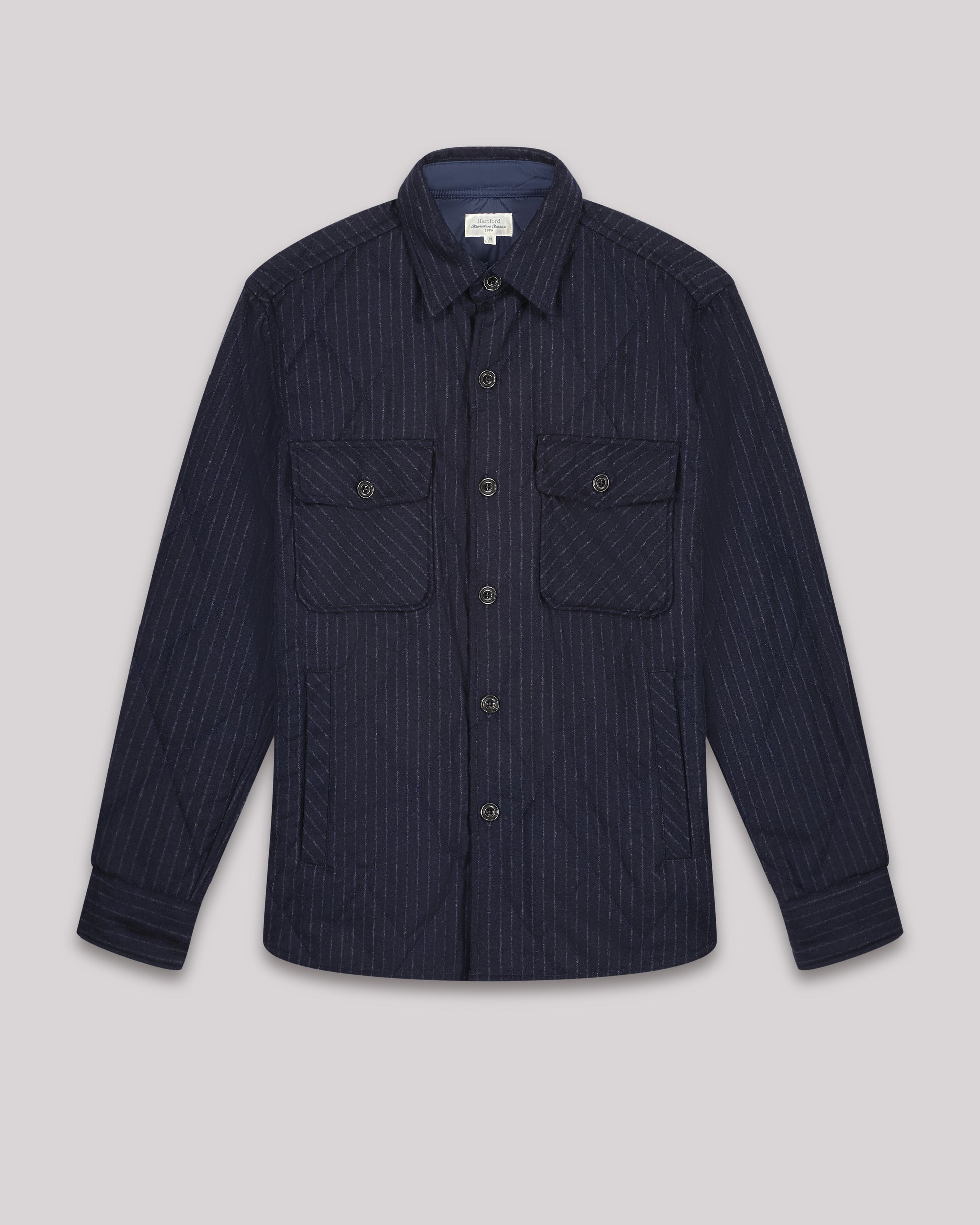 Chemise Homme matelassée en flanelle de laine rayée Bleu Marine Peter