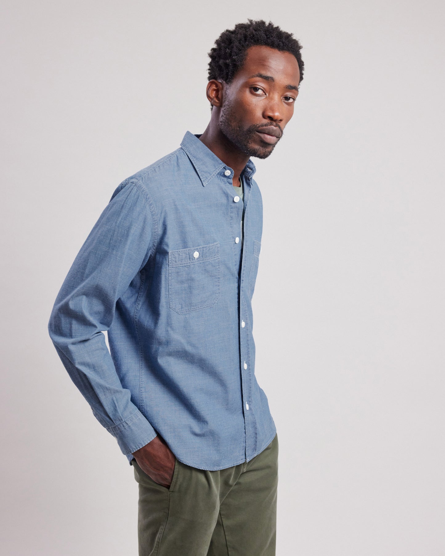 Chemise Homme en chambray léger Bleu Indigo Pocket