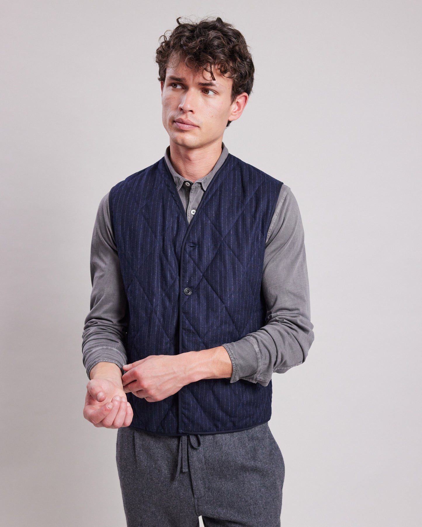 Gilet Homme matelassé en flanelle de laine rayée Bleu Marine Vic