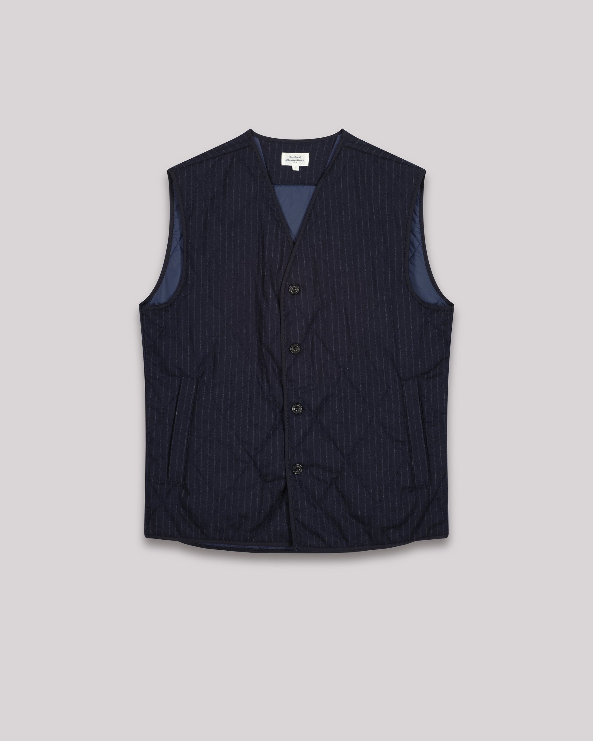 Gilet Homme matelassé en flanelle de laine rayée Bleu Marine Vic