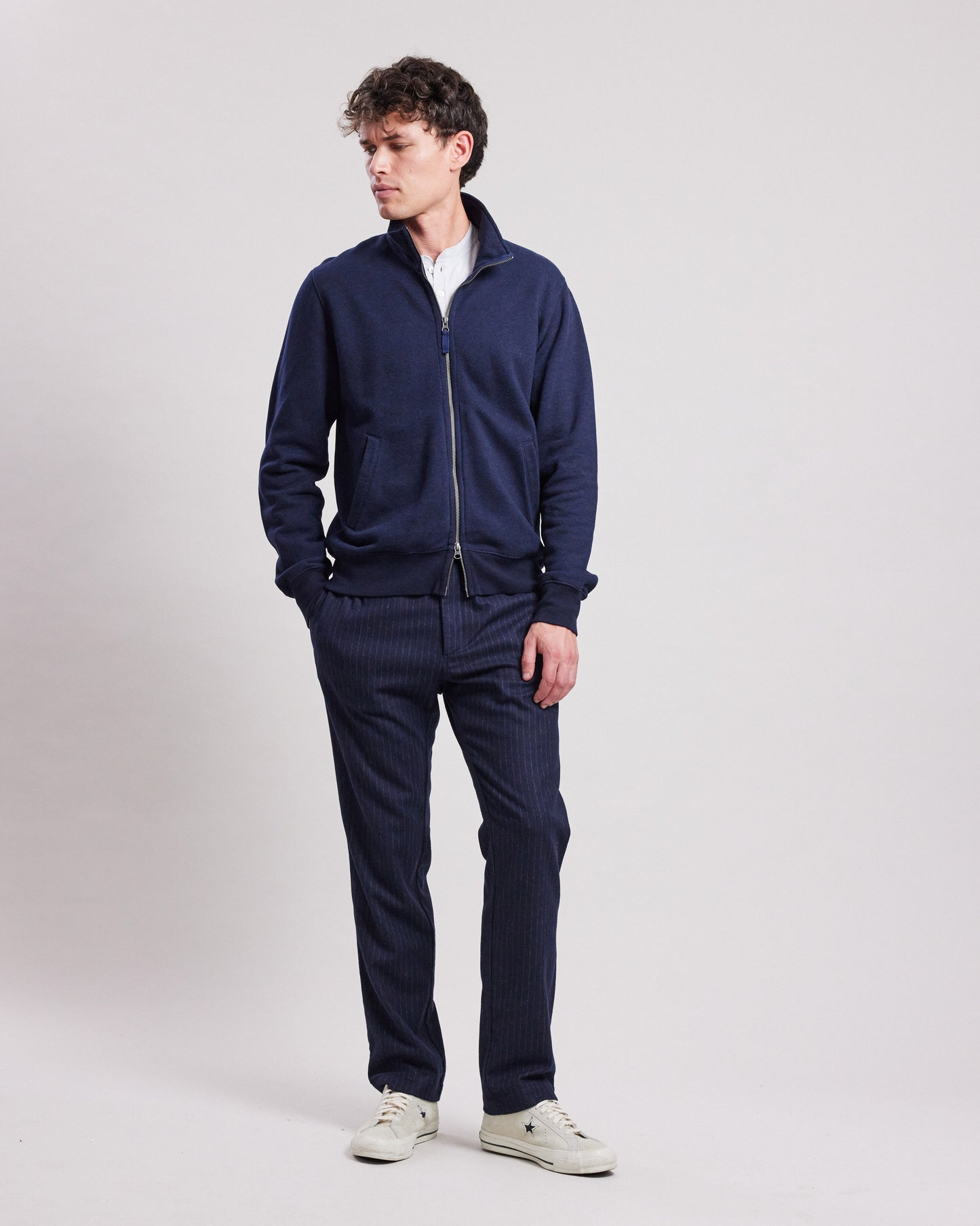 Pantalon Homme en flanelle de laine rayée Bleu Marine Tanker