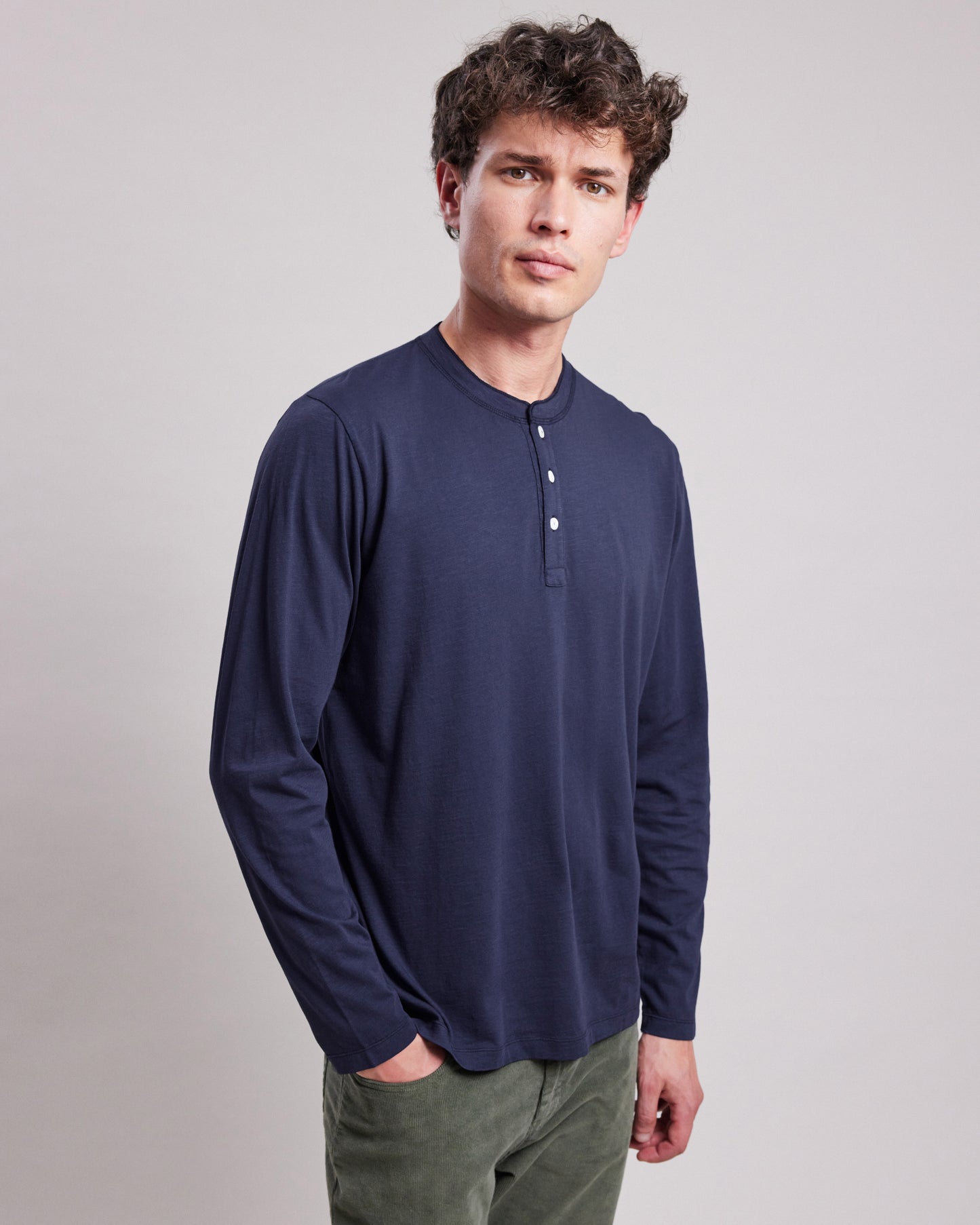 Tee shirt Homme en coton slub Bleu Marine Henley