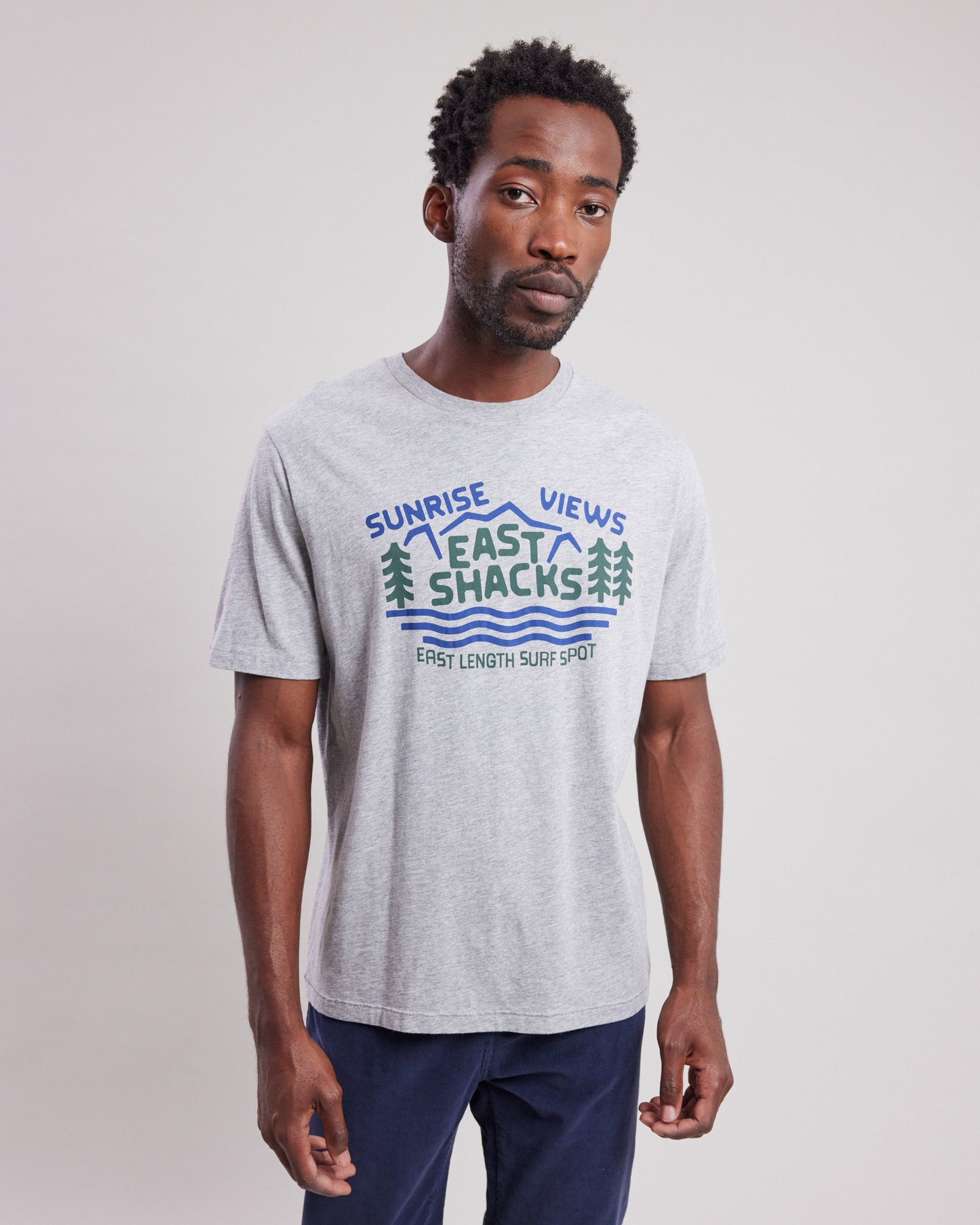 East Men's Heather Gray cotton slub "East Shacks" print T-shirt