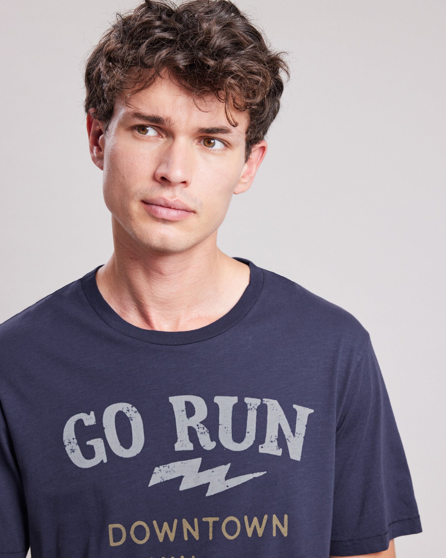 Tee shirt Homme en coton slub imprimé "Run" Bleu Marine