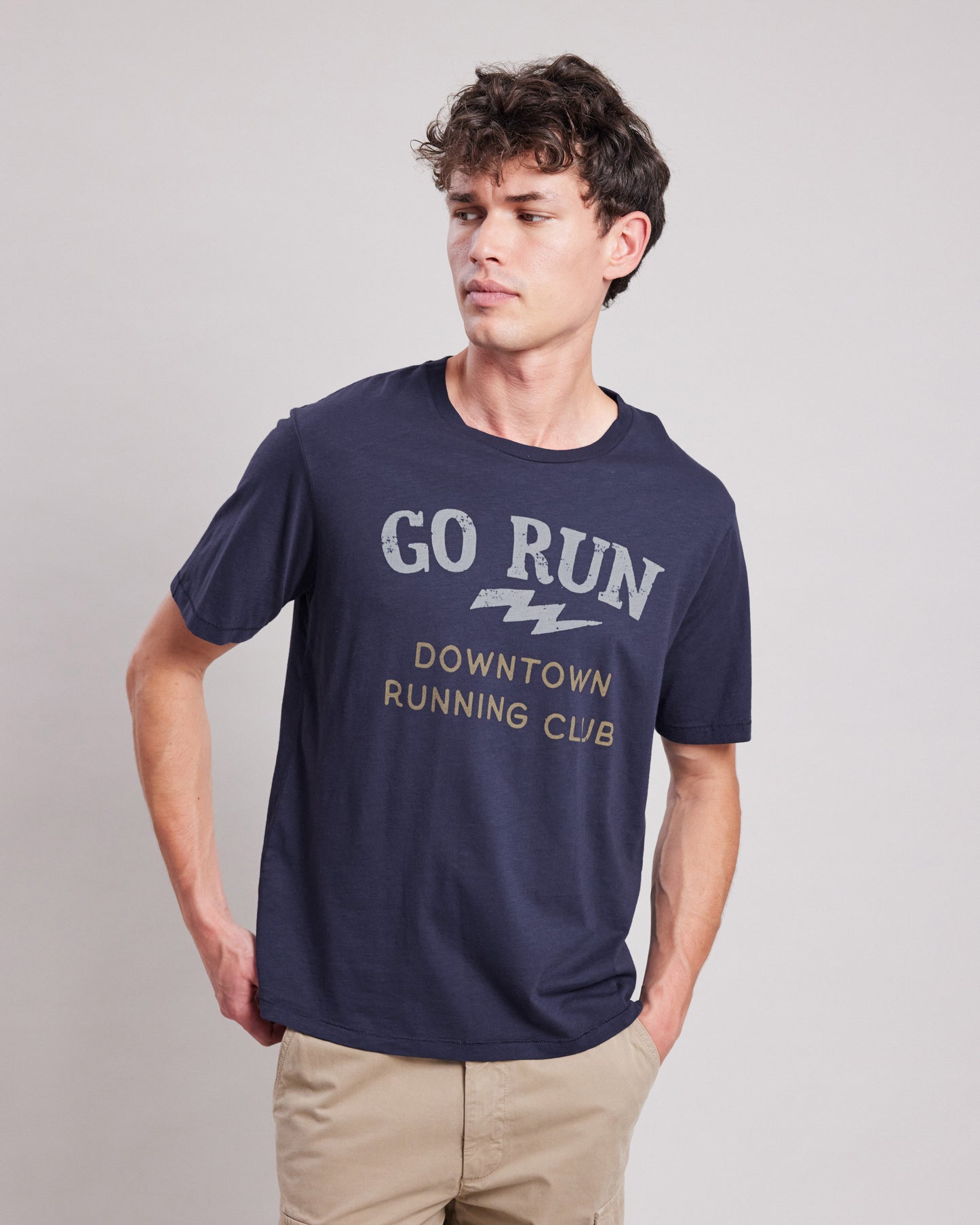 Tee shirt Homme en coton slub imprimé "Run" Bleu Marine