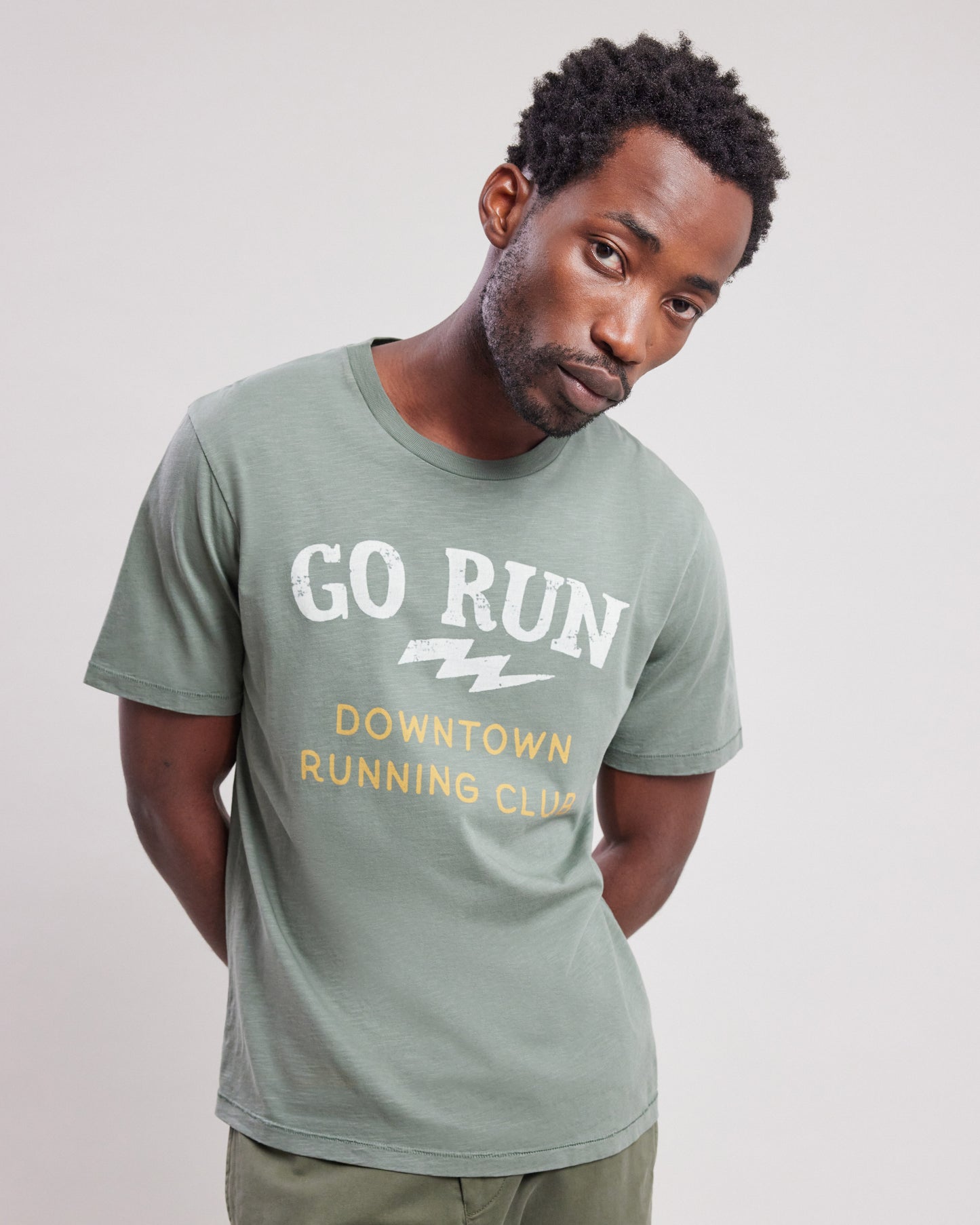 Tee shirt Homme en coton slub imprimé "Run" Vert Militaire