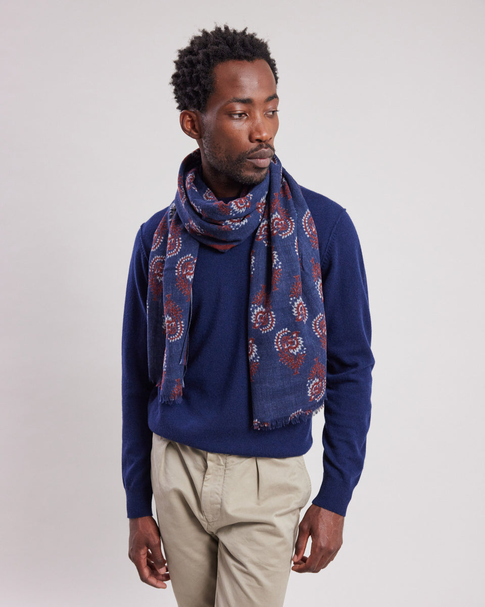 Echarpe Homme en laine imprimée paisley Indigo & Rouge - Image principale